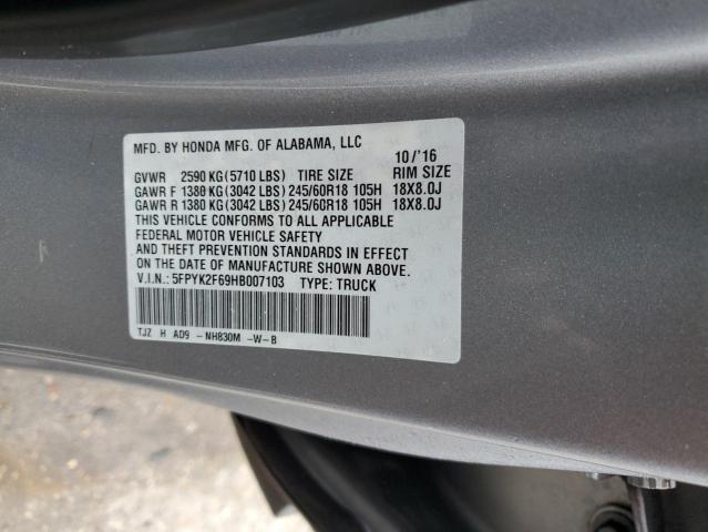 5FPYK2F69HB007103 - 2017 HONDA RIDGELINE RTL SILVER photo 13