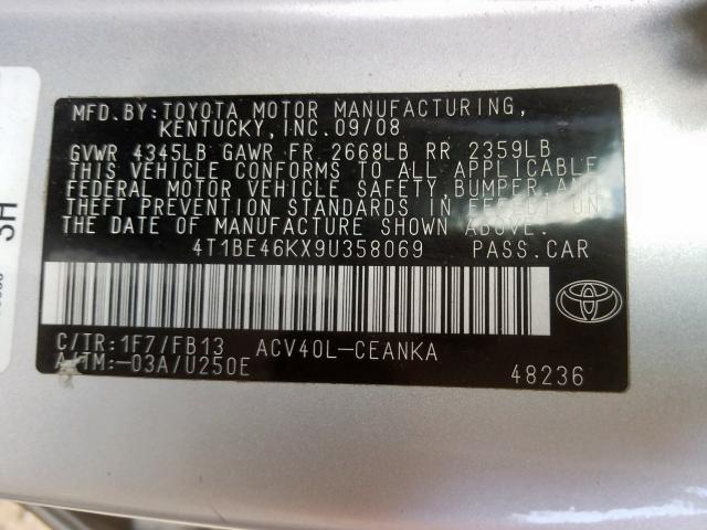 4T1BE46KX9U358069 - 2009 TOYOTA CAMRY BASE  photo 10