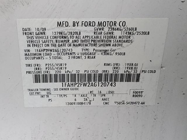 1FAHP2FW2AG120743 - 2010 FORD TAURUS LIMITED WHITE photo 12