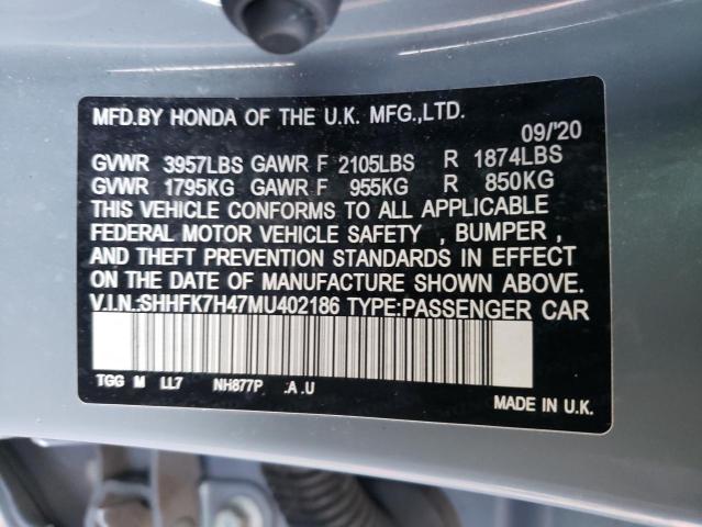 SHHFK7H47MU402186 - 2021 HONDA CIVIC SPORT GRAY photo 12