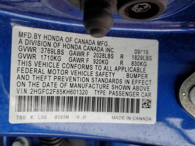 2HGFC2F85KH601320 - 2019 HONDA CIVIC SPORT 蓝色 照片 12