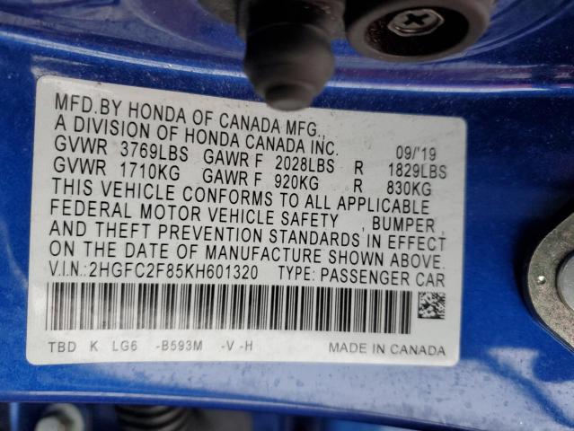 2HGFC2F85KH601320 - 2019 HONDA CIVIC SPORT BLUE photo 12