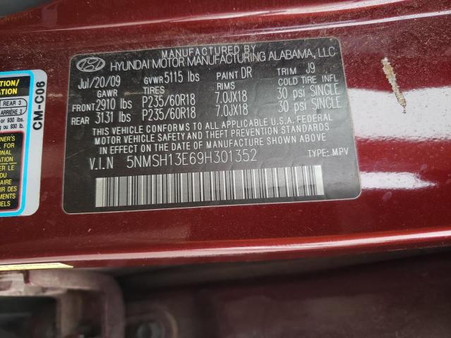 5NMSH13E69H301352 - 2009 HYUNDAI SANTA FE SE MAROON photo 13