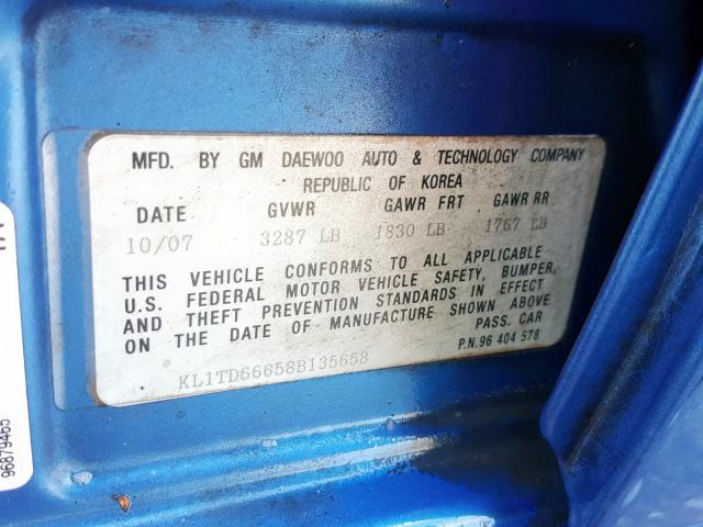 KL1TD66658B135658 - 2008 CHEVROLET AVEO BASE  photo 10