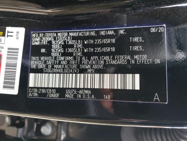 5TDGZRBH0LS034243 - 2020 TOYOTA HIGHLANDER XLE შავი ფოტო 12