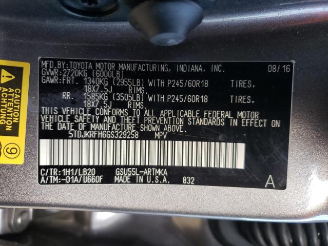 5TDJKRFH6GS329258 - 2016 TOYOTA HIGHLANDER XLE GRAY photo 13