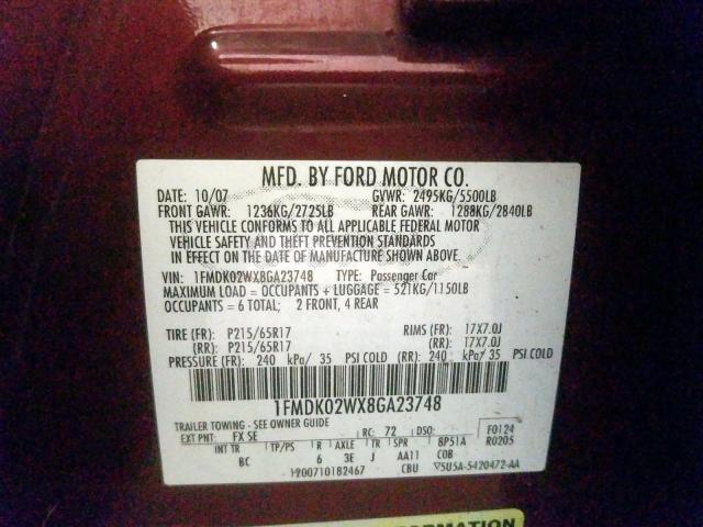 1FMDK02WX8GA23748 - 2008 FORD TAURUS X SEL  photo 10