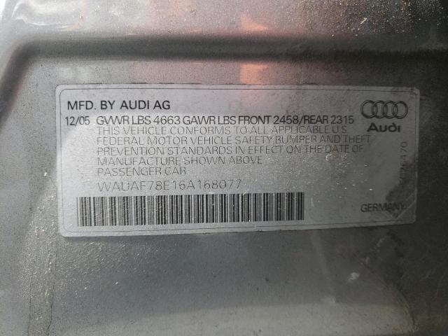 WAUAF78E16A168077 - 2006 AUDI A4 2 TURBO SILVER photo 10