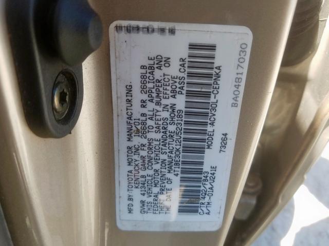 4T1BE30K12U523189 - 2002 TOYOTA CAMRY LE  photo 10