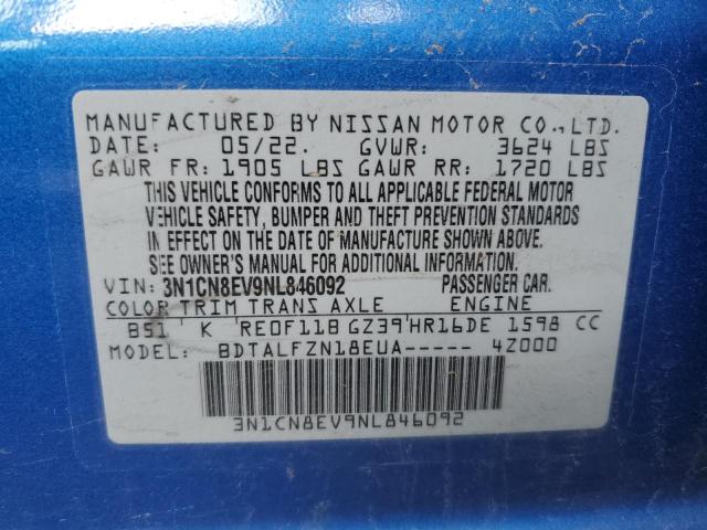 3N1CN8EV9NL846092 - 2022 NISSAN VERSA SV BLUE photo 13