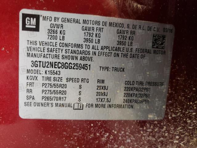 3GTU2NEC8GG259451 - 2016 GMC SIERRA K1500 SLT BURGUNDY photo 12