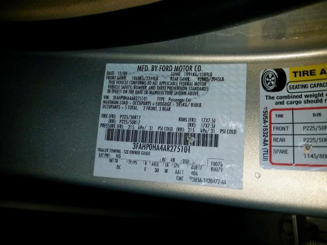 3FAHP0HA4AR275101 - 2010 FORD FUSION SE  photo 10