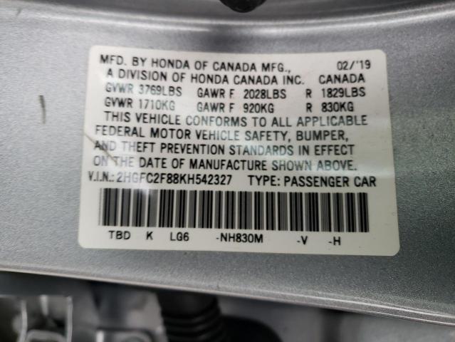 2HGFC2F88KH542327 - 2019 HONDA CIVIC SPORT SILVER photo 12