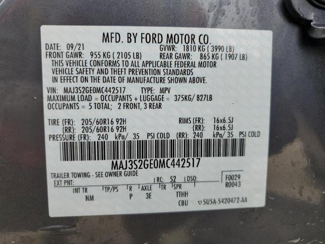 MAJ3S2GE0MC442517 - 2021 FORD ECOSPORT SE GRAY photo 13