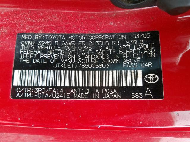 JTKDE177850058031 - 2005 TOYOTA SCION TC  ფოტო 10