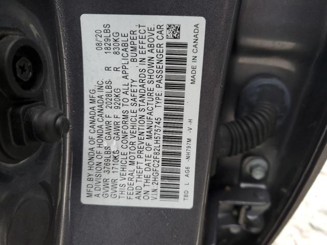 2HGFC2F82LH575745 - 2020 HONDA CIVIC SPORT 灰色 照片 12