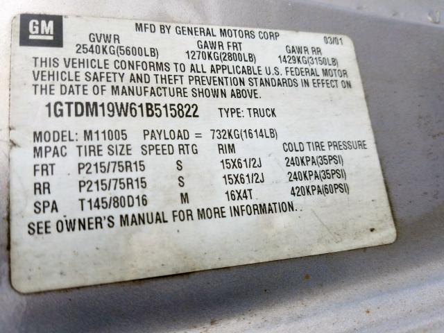 1GTDM19W61B515822 - 2001 GMC SAFARI XT  photo 10