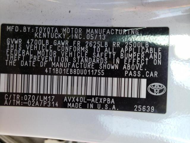 4T1BD1EB8DU011755 - 2013 TOYOTA AVALON HYBRID WHITE photo 12