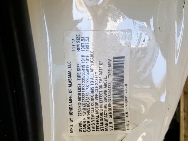 5FNRL6H97JB064138 - 2018 HONDA ODYSSEY ELITE  foto 10