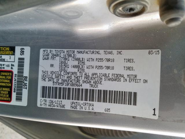 5TFRM5F18FX089664 - 2015 TOYOTA TUNDRA DOUBLE CAB SR/SR5  photo 10