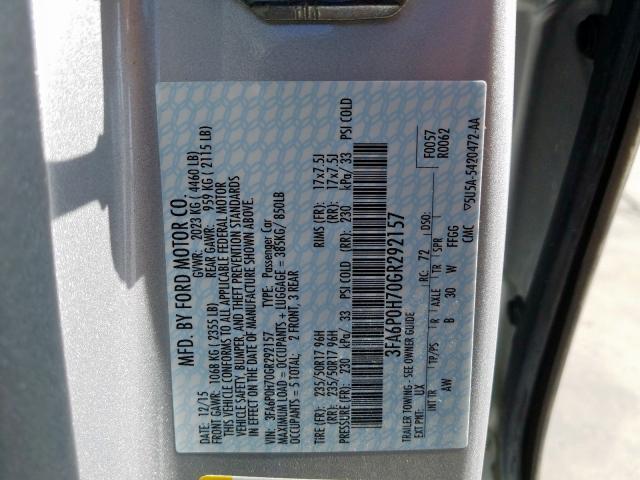 3FA6P0H70GR292157 - 2016 FORD FUSION SE  photo 10