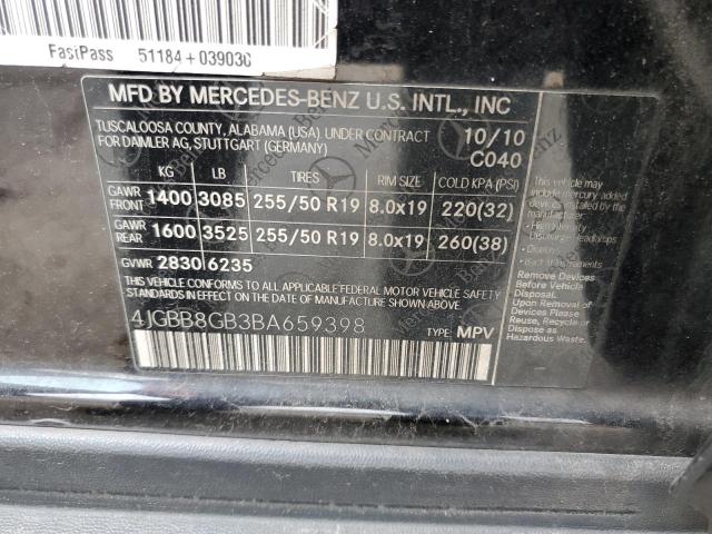 4JGBB8GB3BA659398 - 2011 MERCEDES-BENZ ML 350 4MATIC BLACK photo 13