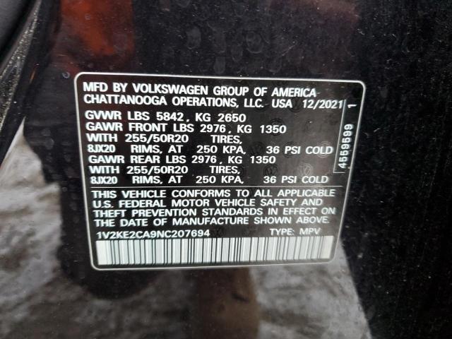 1V2KE2CA9NC207694 - 2022 VOLKSWAGEN ATLAS CROS SE Черный фото 12