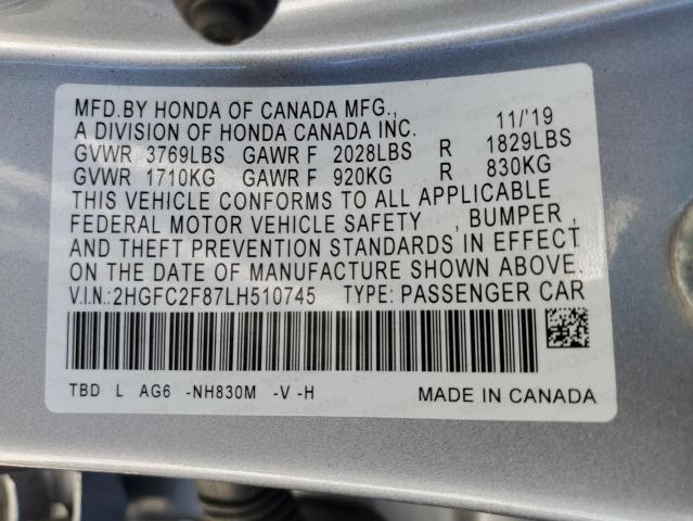 2HGFC2F87LH510745 - 2020 HONDA CIVIC SPORT SILVER photo 12