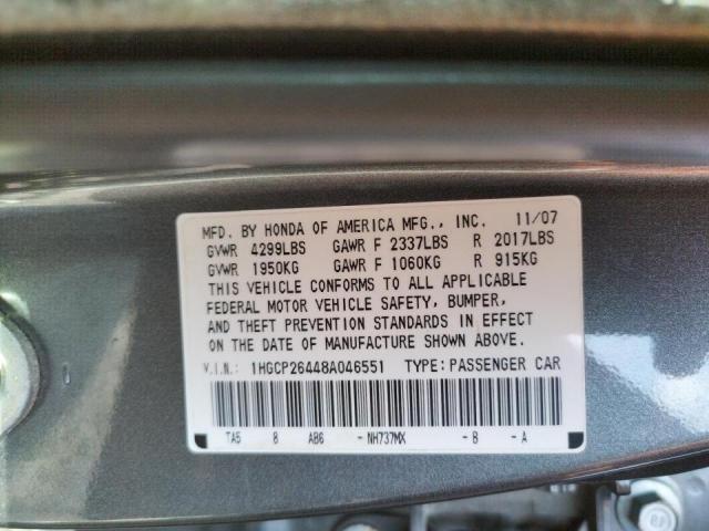 1HGCP26448A046551 - 2008 HONDA ACCORD LXP GRAY photo 10