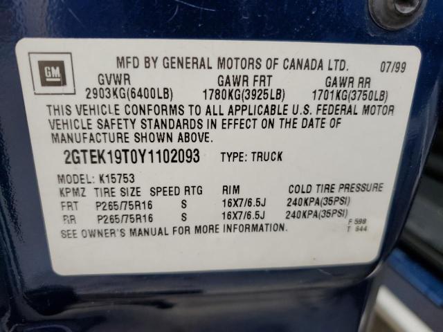 2GTEK19T0Y1102093 - 2000 GMC NEW SIERRA K1500 BLUE photo 13