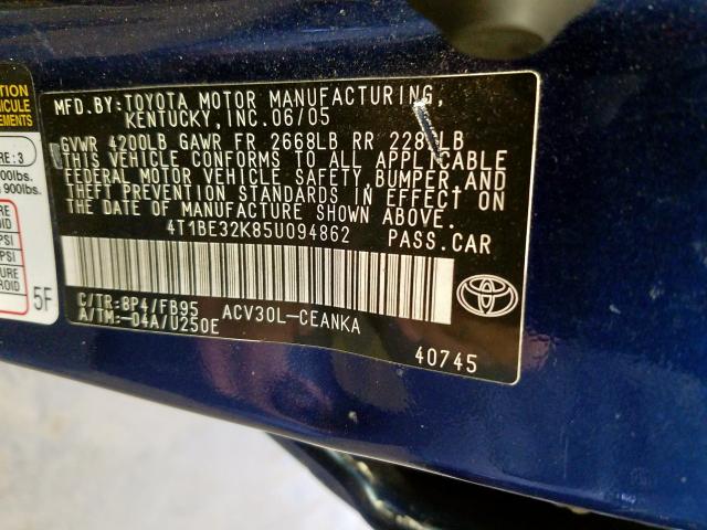 4T1BE32K85U094862 - 2005 TOYOTA CAMRY LE  photo 10