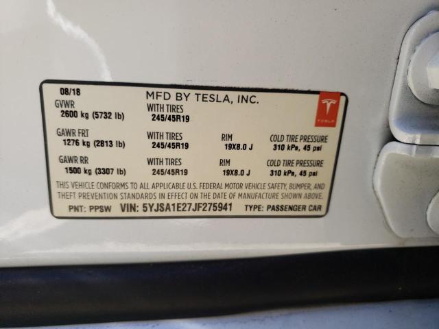 5YJSA1E27JF275941 - 2018 TESLA MODEL S Սպիտակ լուսանկար 12