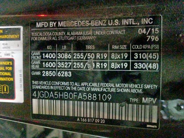 4JGDA5HB0FA588109 - 2015 MERCEDES-BENZ ML 350 4MATIC  photo 10