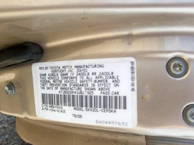 4T1BG22K41U827925 - 2001 TOYOTA CAMRY CE  photo 10