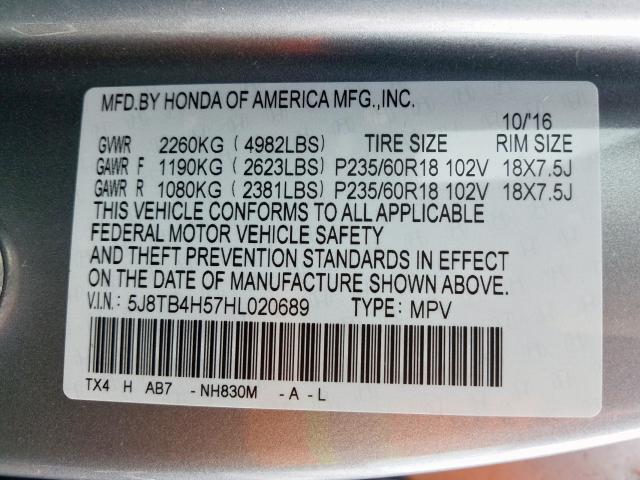 5J8TB4H57HL020689 - 2017 ACURA RDX TECHNOLOGY  photo 10