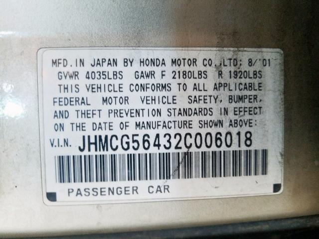 JHMCG56432C006018 - 2002 HONDA ACCORD LX  photo 10