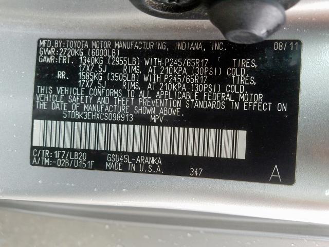 5TDBK3EHXCS098913 - 2012 TOYOTA HIGHLANDER BASE  صورة 10