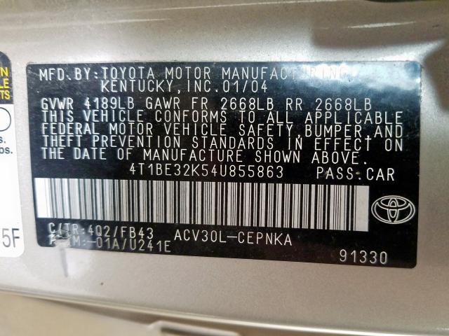 4T1BE32K54U855863 - 2004 TOYOTA CAMRY LE  photo 10