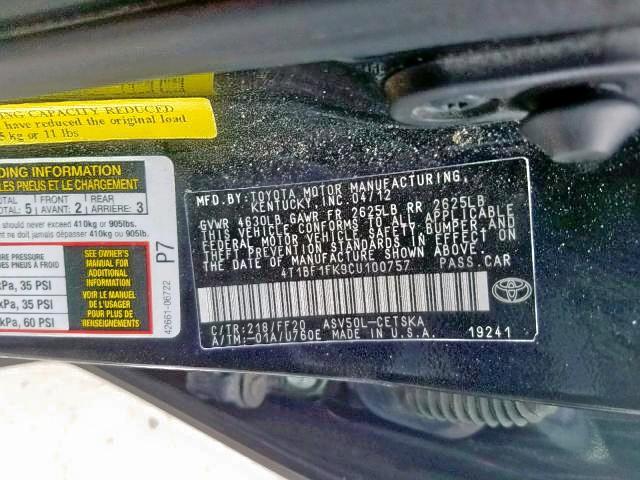 4T1BF1FK9CU100757 - 2012 TOYOTA CAMRY BASE  photo 10