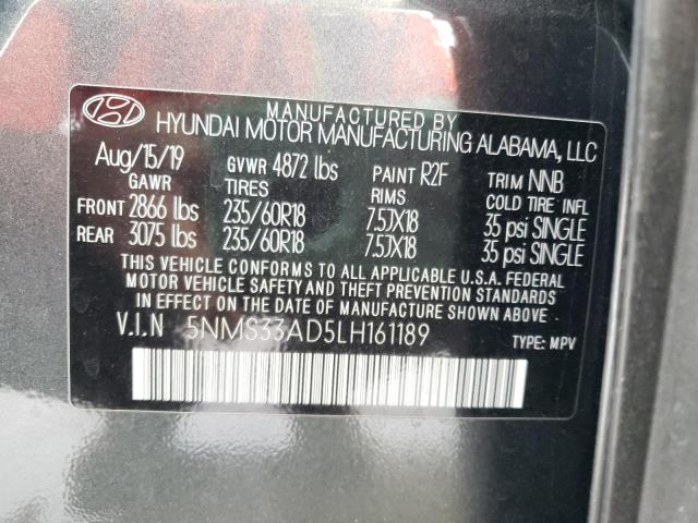 5NMS33AD5LH161189 - 2020 HYUNDAI SANTA FE SEL GRAY photo 13