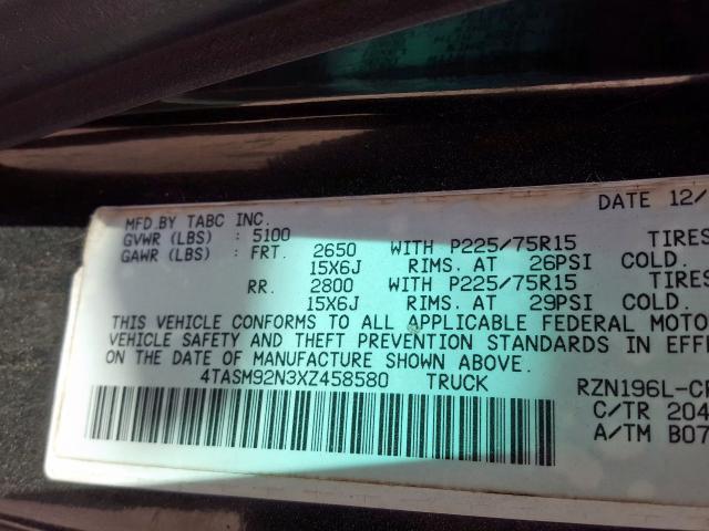 4TASM92N3XZ458580 - 1999 TOYOTA TACOMA XTRACAB PRERUNNER  ფოტო 10