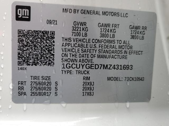 1GCUYGED7MZ431693 - 2021 CHEVROLET SILVERADO K1500 LTZ WHITE photo 12