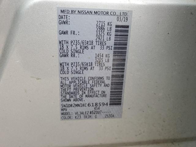 5N1DR2MN1KC618594 - 2019 NISSAN PATHFINDER S SILVER photo 13