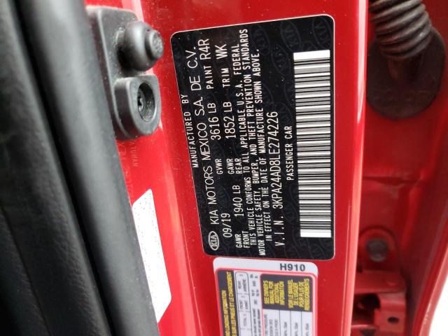 3KPA24AD8LE274226 - 2020 KIA RIO LX RED photo 12