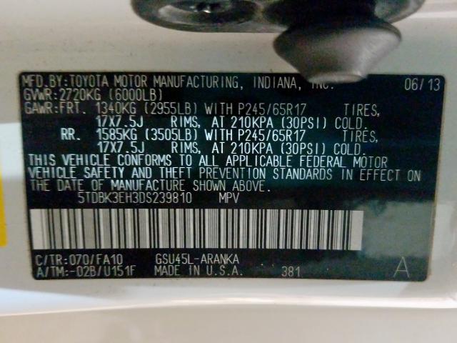 5TDBK3EH3DS239810 - 2013 TOYOTA HIGHLANDER BASE  صورة 10