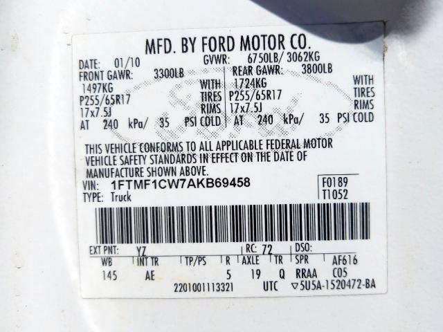 1FTMF1CW7AKB69458 - 2010 FORD F150  photo 10