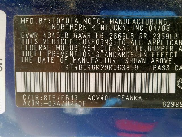 4T4BE46K29R063859 - 2009 TOYOTA CAMRY BASE  photo 10