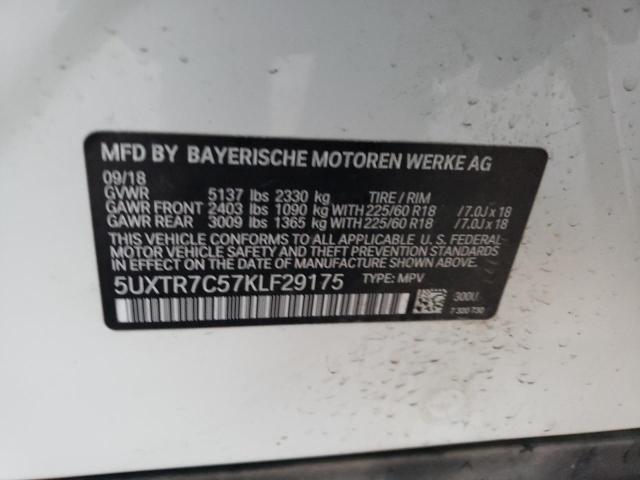 5UXTR7C57KLF29175 - 2019 BMW X3 SDRIVE3 WHITE photo 12