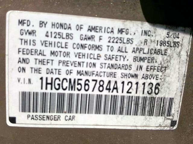 1HGCM56784A121136 - 2004 HONDA ACCORD EX  photo 10