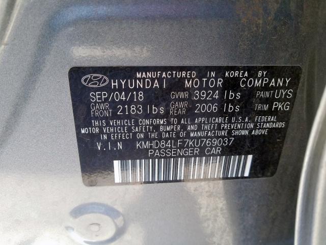 KMHD84LF7KU769037 - 2019 HYUNDAI ELANTRA SEL  photo 10